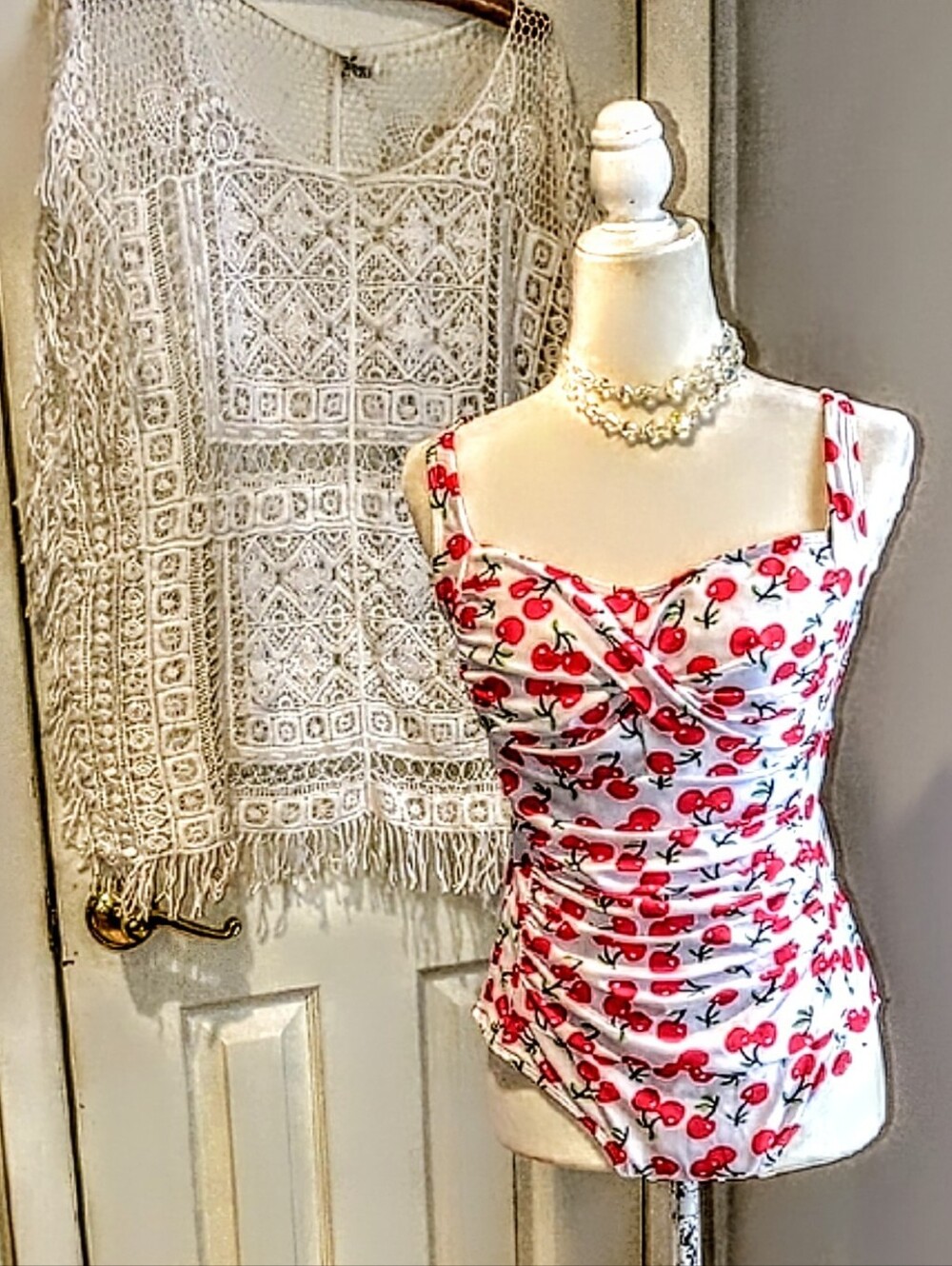 AdorableWhite Cherry-Print Ruched Sweetheart Swimsuit With Coverup